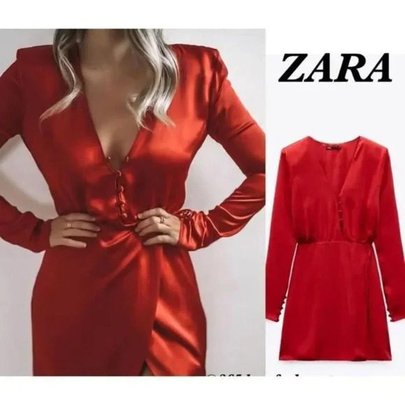 Zara Satin Effect Long Sleeve Wrap Shirt Dress Red Size Medium - Picture 1 of 10
